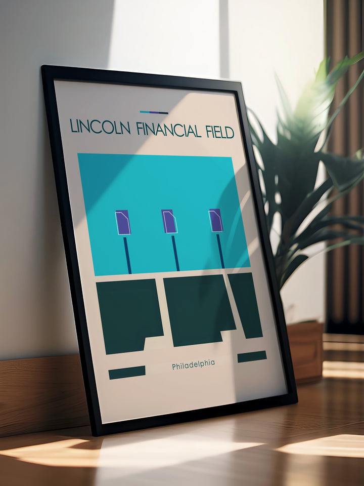 Lincoln Financial Field artwork capturing the excitement of NFL football in modern minimalist style. Ideal for Eagles fans this football poster works beautifully in sports bedrooms offices and living rooms.