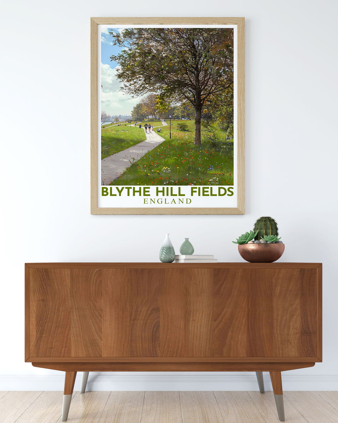 Blythe Hill Fields expansive green spaces and the peaceful walkways are beautifully depicted in this art print, making it a versatile piece for any home decor.