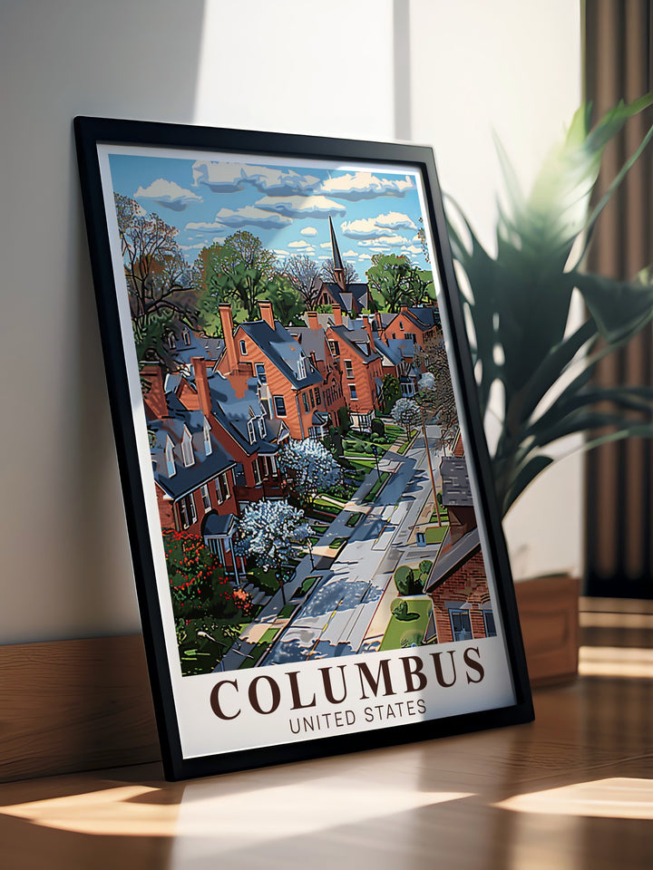 German Village framed print showcasing the charm of Columbus Ohio alongside the city skyline. This elegant artwork offers a blend of modern and vintage design making it ideal for home decor or as a thoughtful gift for any occasion.