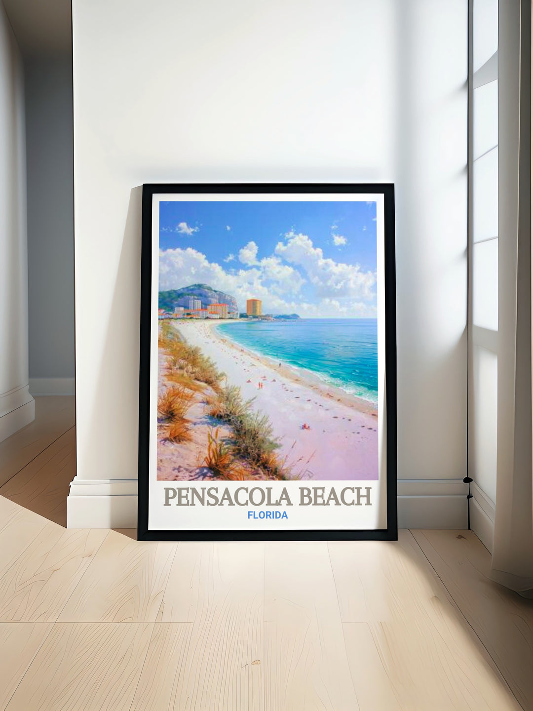 Scenic wall art of Casino Beach, featuring vibrant colors and detailed coastal landscapes of Pensacola Beach in Florida. An exquisite addition to any decor. This print brings the tranquil beauty of the Florida coast into your home, providing a constant reminder of its natural charm.