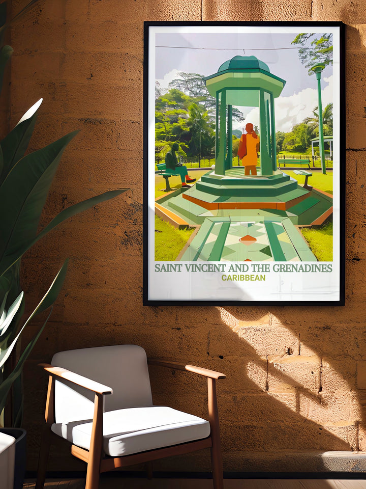 A framed art print of the Botanic Gardens in Saint Vincent, showcasing the vibrant colors and lush landscapes of the Caribbean. This artwork is a beautiful addition to any decor, bringing the tranquility of nature into your living space.