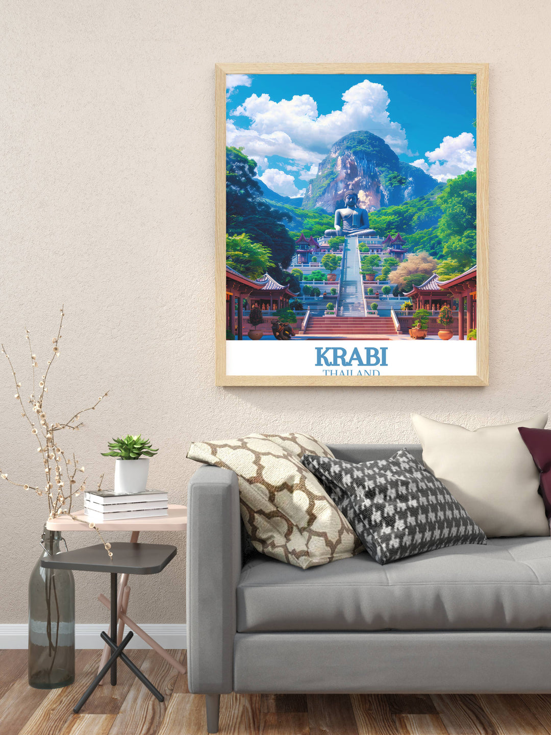 Transform your home decor with the vibrant colors and serene beauty of Krabi Island and Tiger Cave Temple captured in this beautiful wall art print ideal for adding a touch of tropical paradise and making a memorable travel gift.
