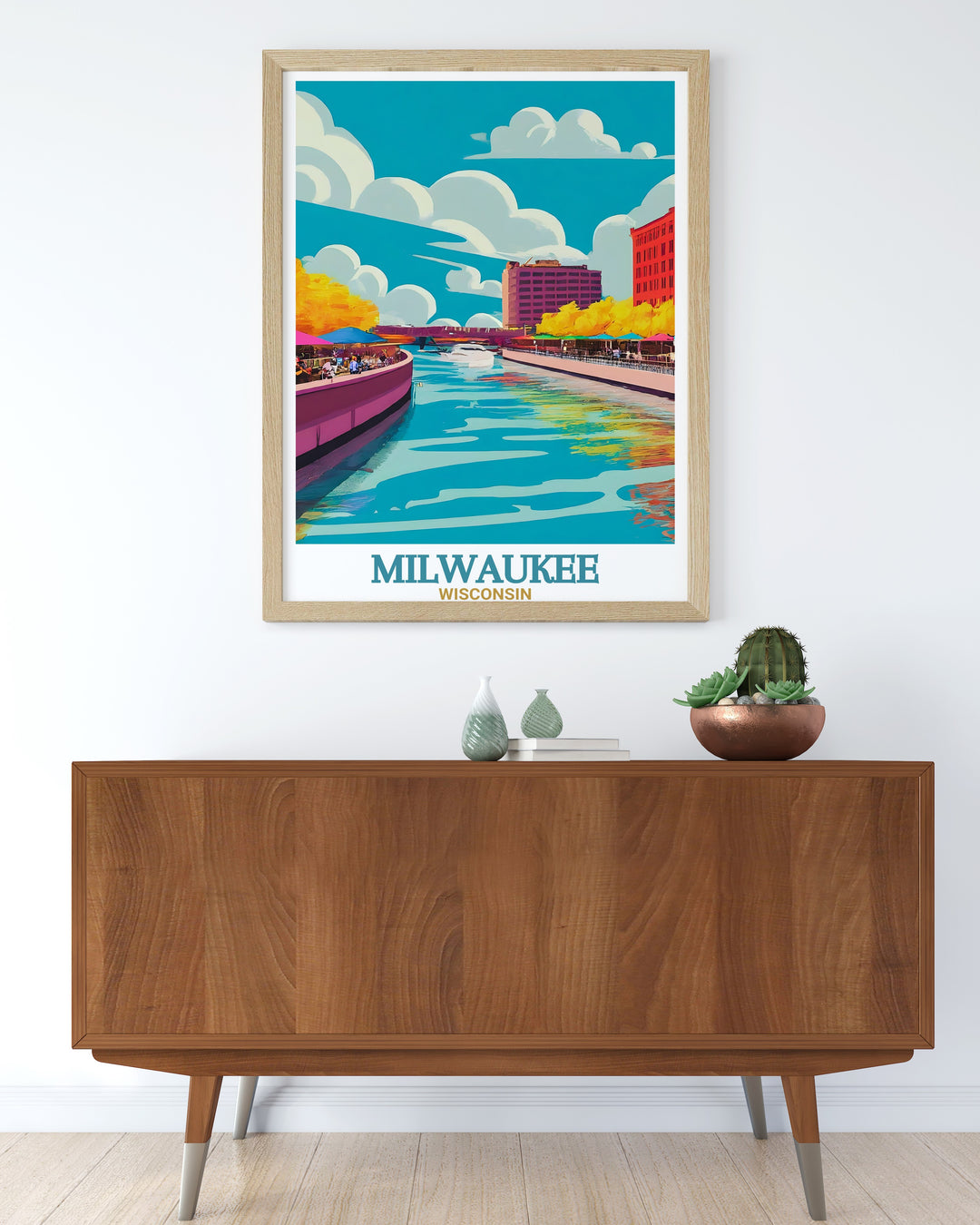 This vibrant Milwaukee travel poster features the citys skyline and the serene beauty of the Milwaukee Riverwalk. The detailed artwork captures the charm of the citys urban landscape, perfect for those who admire Wisconsins architectural and natural wonders.