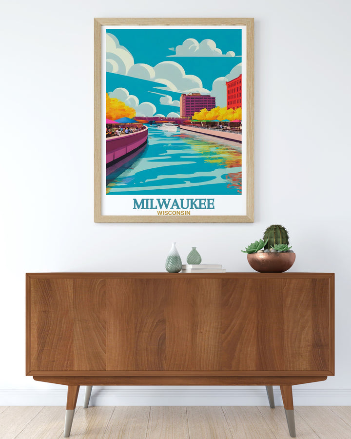 This vibrant Milwaukee travel poster features the citys skyline and the serene beauty of the Milwaukee Riverwalk. The detailed artwork captures the charm of the citys urban landscape, perfect for those who admire Wisconsins architectural and natural wonders.