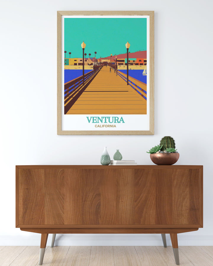 Experience the calm and beauty of Venturas coast with this matted black and white print of Ventura Pier. The artworks fine line design highlights the Piers timeless appeal and includes a street map of Ventura County, making it a perfect piece for home decor or as a thoughtful gift for Ventura lovers.