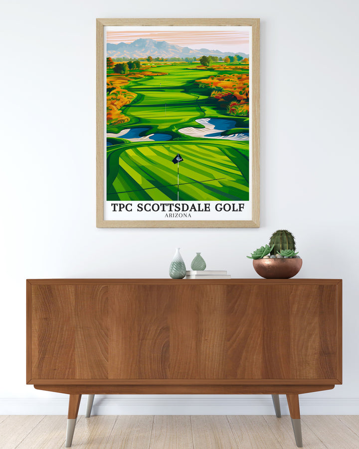 TPC Scottsdale vintage poster featuring the famous par 3 16th hole, known for its electrifying atmosphere during the Phoenix Open. This piece celebrates one of golfs greatest landmarks with the stunning McDowell Mountains in the background.