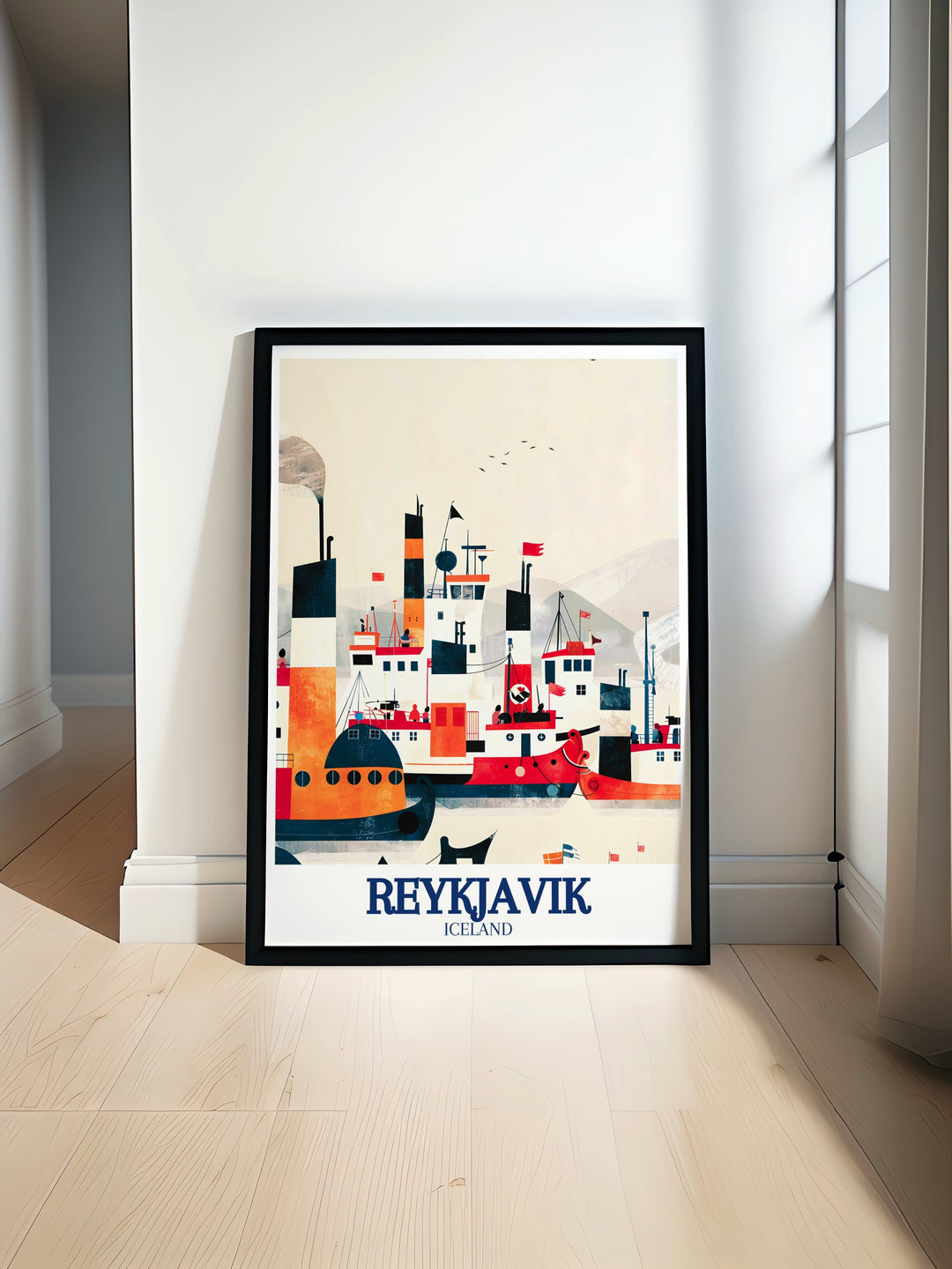 Old Harbour art print bringing the maritime history and contemporary life of Reykjaviks port into your home. This detailed artwork is a great choice for lovers of coastal scenes and Icelandic heritage.