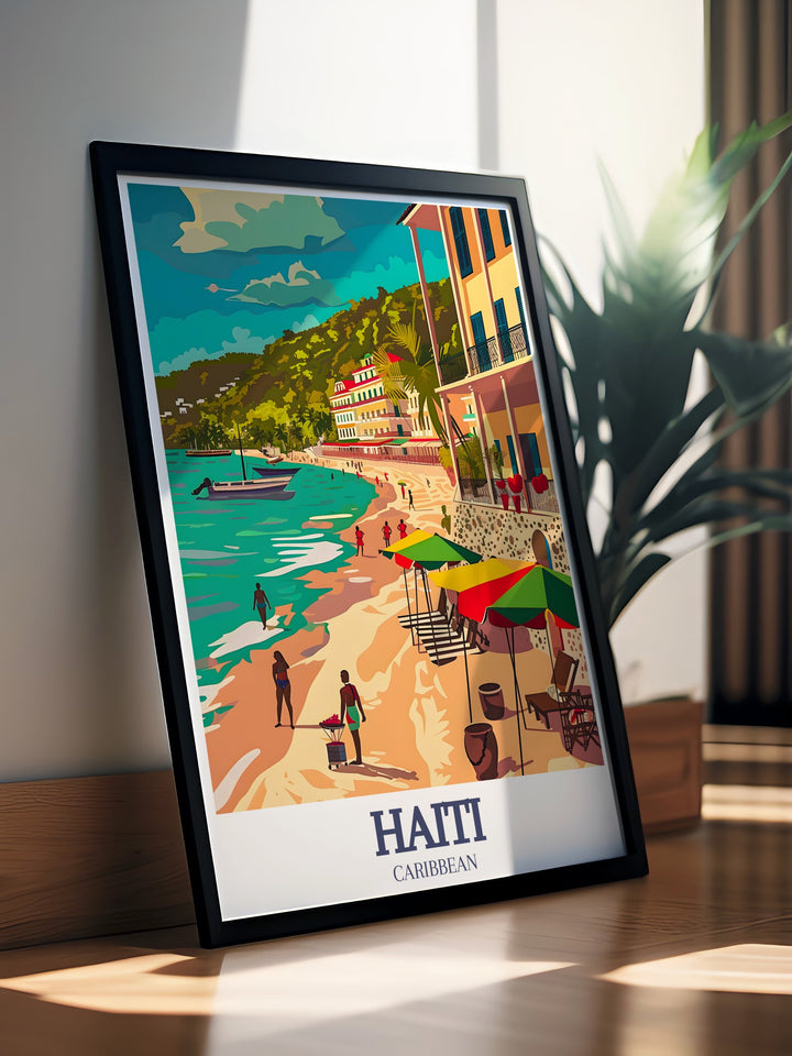 A stunning poster print featuring Haitis Labadee Beach and the historical city of Cap Haïtien. This travel print offers a glimpse into the serene beauty of Labadees coastline and the cultural richness of Cap Haïtien, perfect for lovers of Caribbean art and travel enthusiasts.