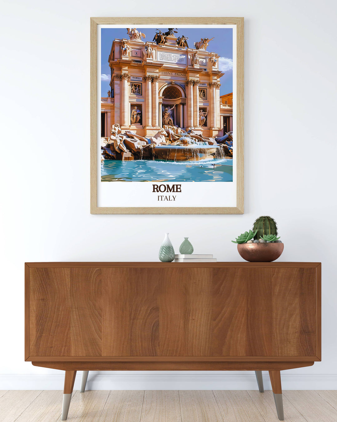 Charming Trevi Fountain Wall Art illustrating the historic landmark of Rome Italy. This elegant art print enhances your living space and serves as a thoughtful gift for those who appreciate fine travel art.