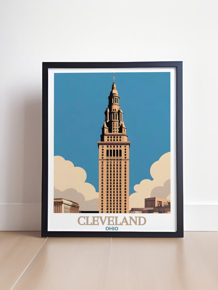 Cleveland Poster Print presents the towering Terminal Tower and the colorful streets of Cleveland in one stunning artwork. This travel print is perfect for those who want to celebrate the citys iconic landmarks and vibrant urban energy in their home.