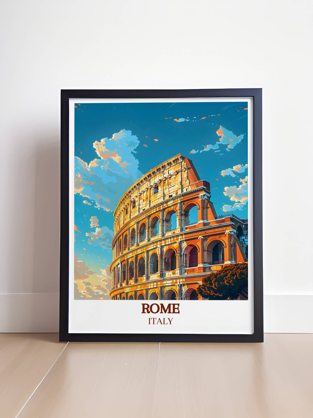 Elegant framed print of The Colosseum in Rome Italy. This beautiful piece of art captures the historical splendor of the ancient landmark ideal for stylish home decor or as a memorable travel gift.