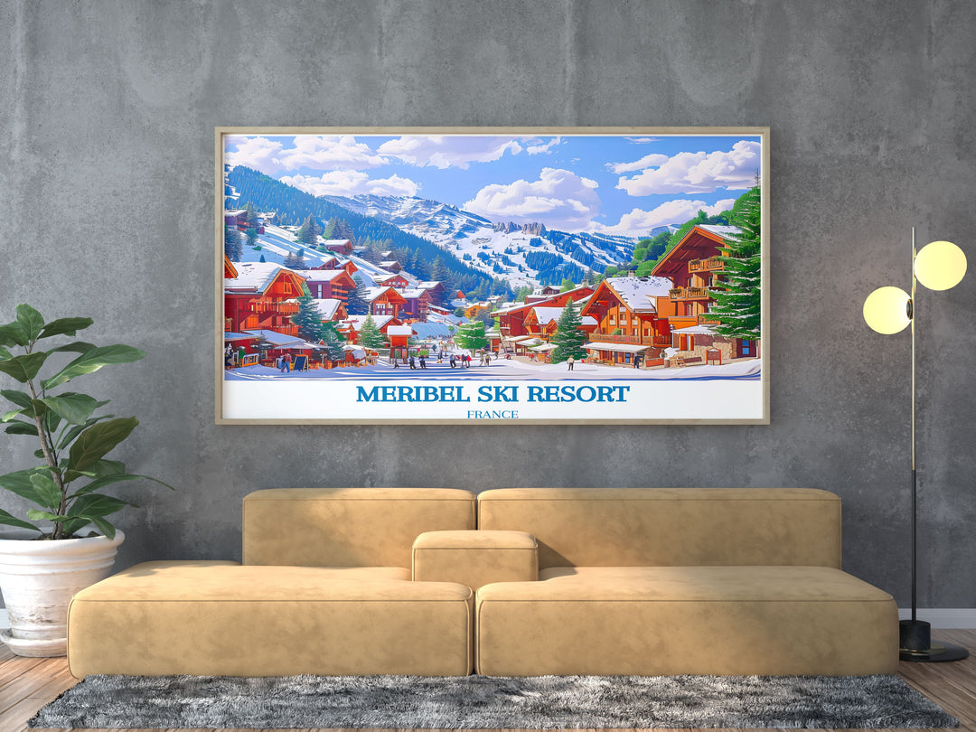 Beautiful Meribel Village modern print with a classic retro skiing design. This art piece features the majestic Mont Vallon and the excitement of skiing, making it a great addition to your home decor.