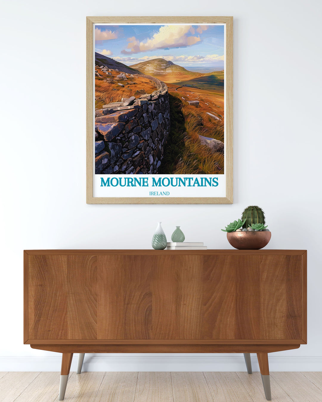 This travel poster beautifully depicts the dynamic landscapes and historical charm of the Mourne Mountains, ideal for adding a touch of scenic beauty and cultural heritage to any room.