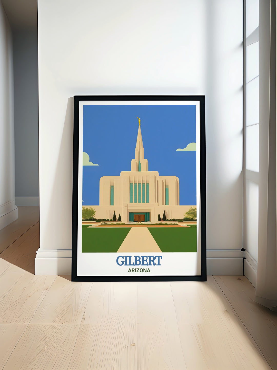 Bring the serene beauty of the Gilbert Temple into your home with this Arizona travel poster. Its clean lines and minimalist design make it an ideal decor piece for modern homes, while its depiction of this iconic landmark ensures it will always be cherished.