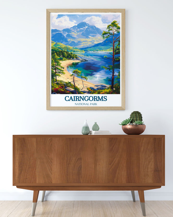 The captivating blend of nature in Cairngorms National Park and the rugged terrain of Cairngorm Mountain is beautifully illustrated in this poster, making it a stunning addition to any wall art collection celebrating Scotland.
