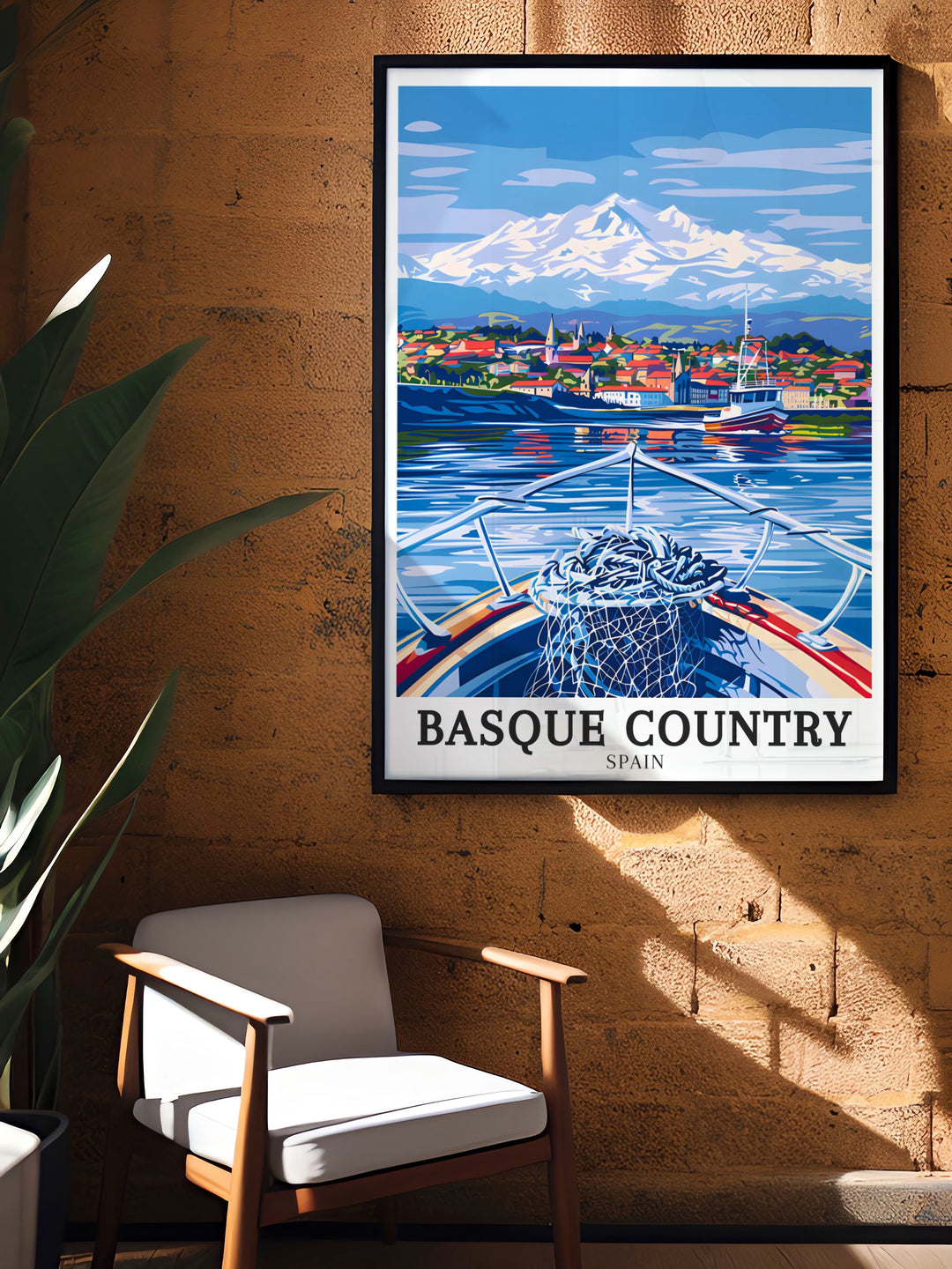 A canvas print that illustrates the fusion of Basque culture and nature, with Hondarribia village and the Pyrenees mountains in the distance. This Spain Wall Art is perfect for bringing a touch of Spanish elegance to any room.