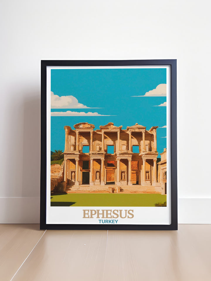 Ephesus Poster Print captures the stunning ruins of the Library of Celsus, a marvel of ancient architecture in Ephesus, Turkey. This travel print beautifully showcases one of the worlds most iconic historical landmarks, offering timeless beauty for your home decor.