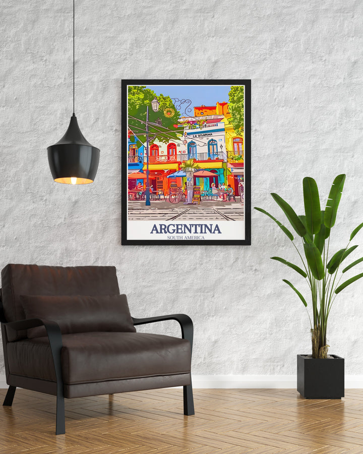 Argentina artwork featuring a stunning Buenos Aires, La Boca scene. This print captures the lively energy and colorful architecture of the neighborhood. Ideal for adding a vibrant touch to any rooms decor.