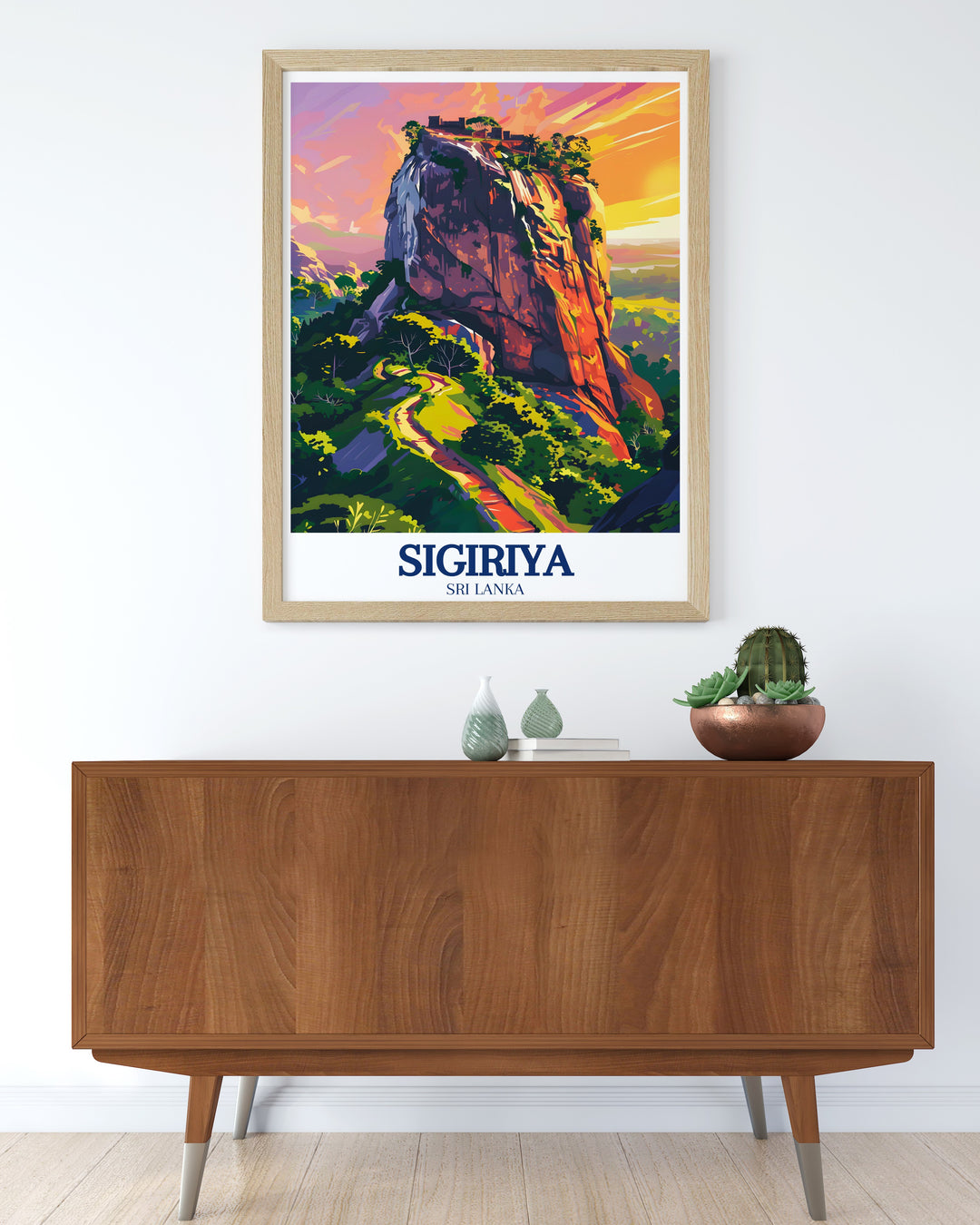 Stunning poster print of Sigiriya, also known as Lions Rock or Siṃhagiri, an ancient fortress in Sri Lankas Matale District. This artwork captures the dramatic rise of the rock, the intricate ancient carvings, and the lush surrounding forests, perfect for adding a touch of history to your decor.