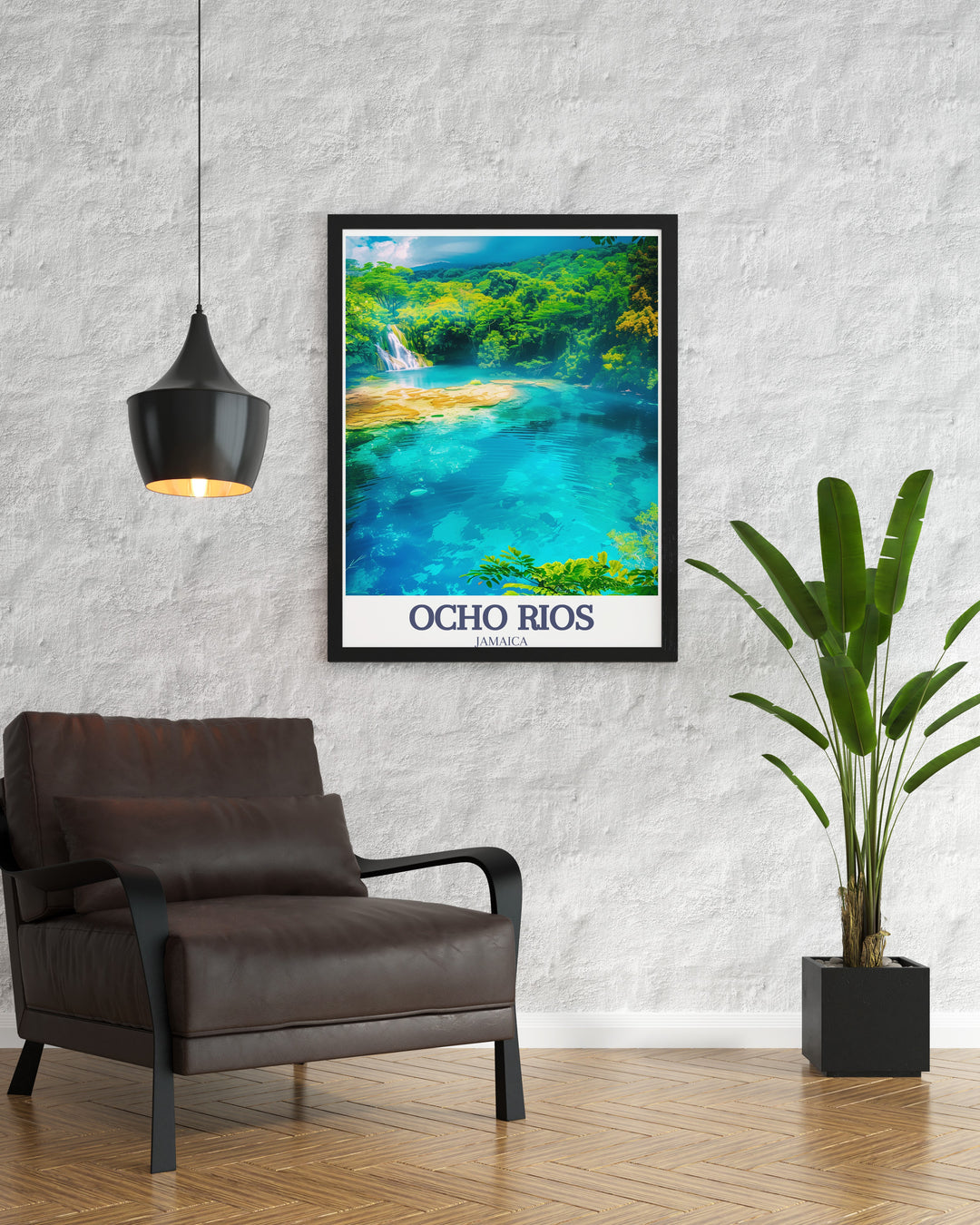 Capture the essence of the Caribbean with this framed art of Ocho Rios, featuring the serene Blue Hole and the lush landscape of the Jamaican rainforest. The vivid colors and precise details of this vintage poster make it a standout piece that enhances any room with its tropical allure.