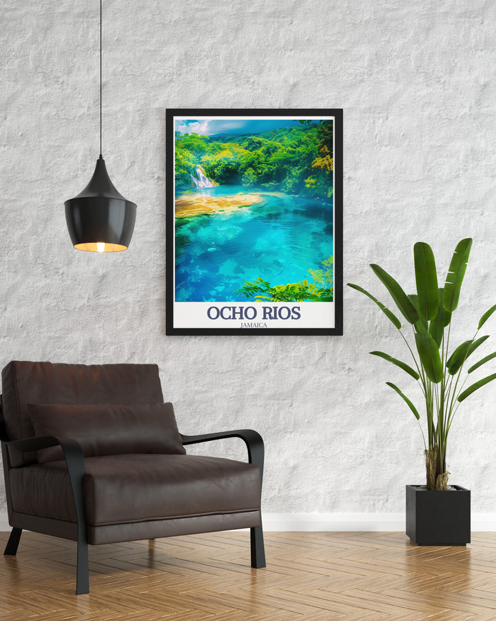 Capture the essence of the Caribbean with this framed art of Ocho Rios, featuring the serene Blue Hole and the lush landscape of the Jamaican rainforest. The vivid colors and precise details of this vintage poster make it a standout piece that enhances any room with its tropical allure.