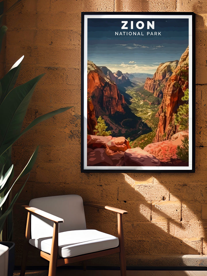 A framed art piece illustrating the captivating landscape of Angels Landing, showcasing its impressive heights and breathtaking views. This unique artwork reflects the charm and adventure of Zion National Park.