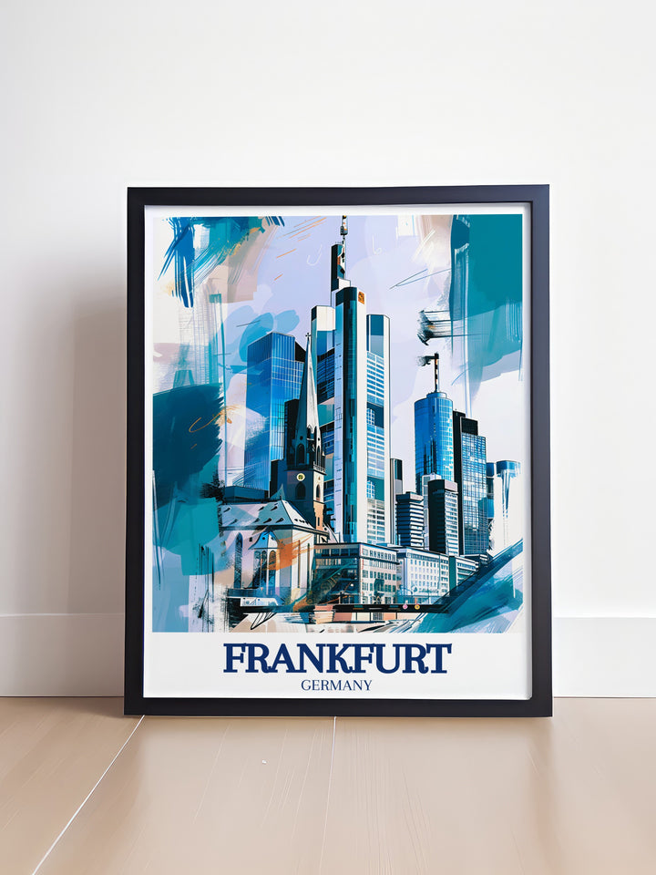 An elegant wall print of Frankfurt, Germany, featuring the Commerzbank Tower and the citys vibrant skyline. This travel poster captures the energy and sophistication of Frankfurt, making it a perfect addition to any modern decor. The artworks detailed design ensures that it stands out in any room, offering a visual representation of Germanys financial capital. Perfect as a gift or for personal enjoyment, this print celebrates the beauty of Frankfurt.