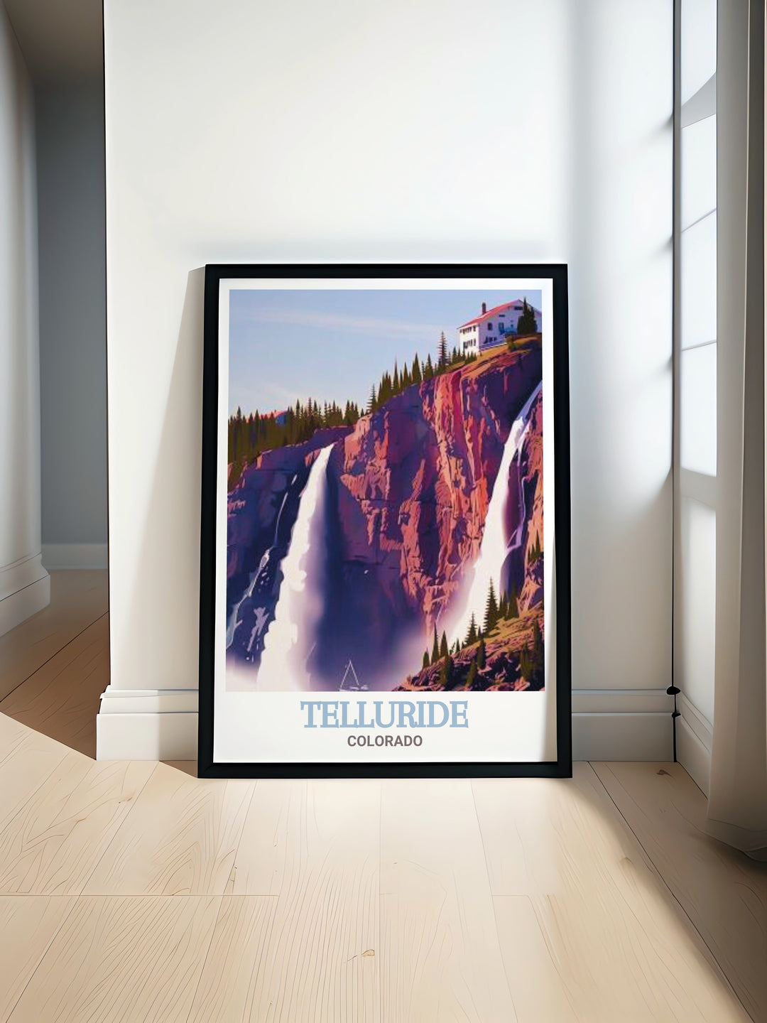 This Telluride travel print highlights the majestic Bridal Veil Falls in Colorado. With intricate detailing and vibrant colors, this art piece brings the rugged beauty of Telluride into any space, ideal for nature lovers and adventurers.