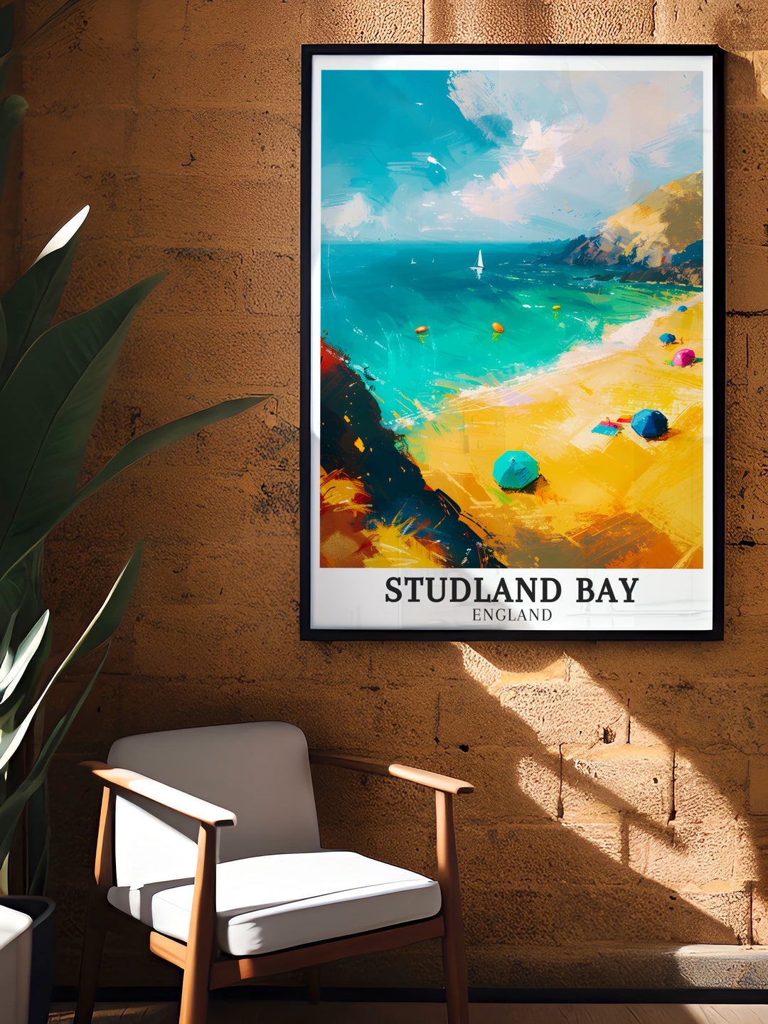 Studland Beach Dorset travel poster featuring the peaceful landscapes of Studland Bay perfect for adding a serene touch to your home. This elegant England print is ideal for travel lovers and makes a unique gift for friends and family.