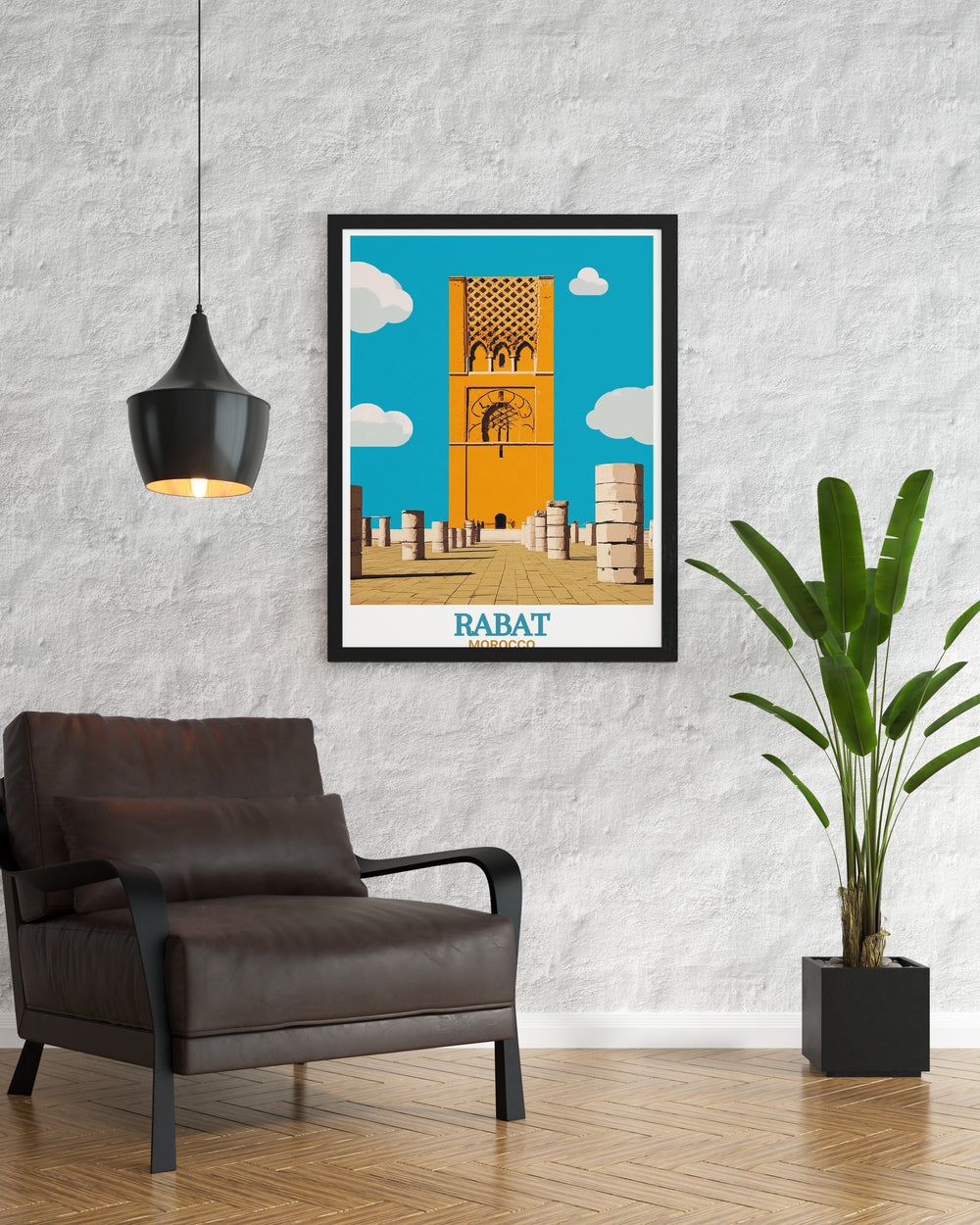 Stunning Rabat Art Print highlighting the Hassan Tower in vibrant colors a great addition to living room decor perfect for those who love modern prints and want to bring a piece of Moroccan heritage into their home