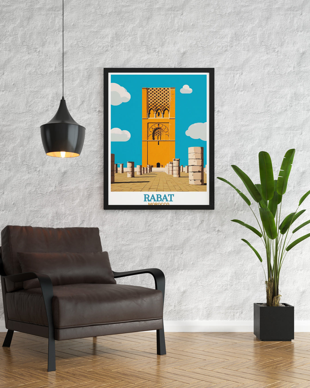 Stunning Rabat Art Print highlighting the Hassan Tower in vibrant colors a great addition to living room decor perfect for those who love modern prints and want to bring a piece of Moroccan heritage into their home