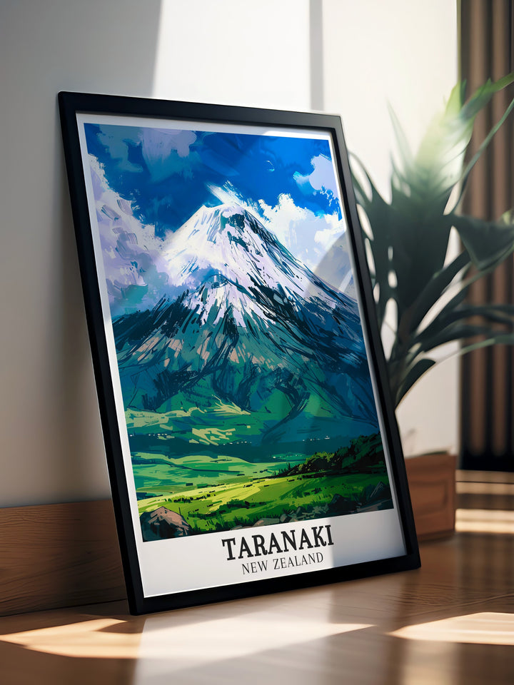 Stunning Mount Taranaki Egmont National Park modern decor capturing the serene and dramatic landscape perfect for enhancing home interiors with New Zealand art