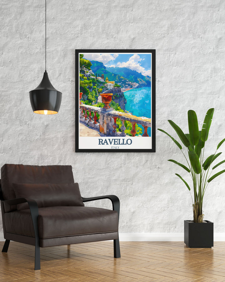 Ravello Italy print capturing the stunning architecture and lush gardens of Villa Rufolo Amalfi coast. This Italian travel art piece adds a touch of sophistication to any room and makes a great gift for lovers of Italian living art and coastal wall art