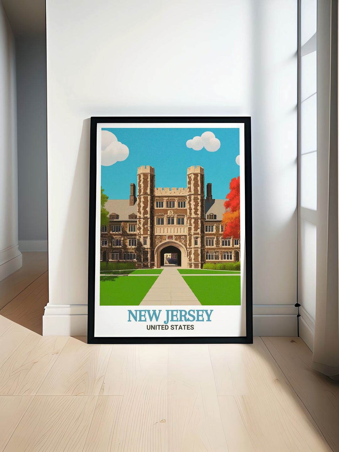 Princeton University illustration capturing the blend of historic and modern elements on campus. Perfect for home or office decor. This print brings the beauty of New Jerseys landmark university to your space, making it a cherished piece of art.