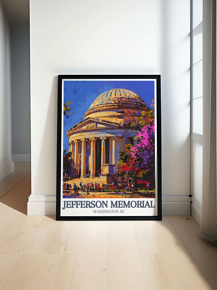 Celebrate the legacy of Thomas Jefferson with this detailed travel print of the Jefferson Memorial. Featuring the neoclassical dome and the Grand Rotunda, this art piece is perfect for anyone with an appreciation for American history and architecture.