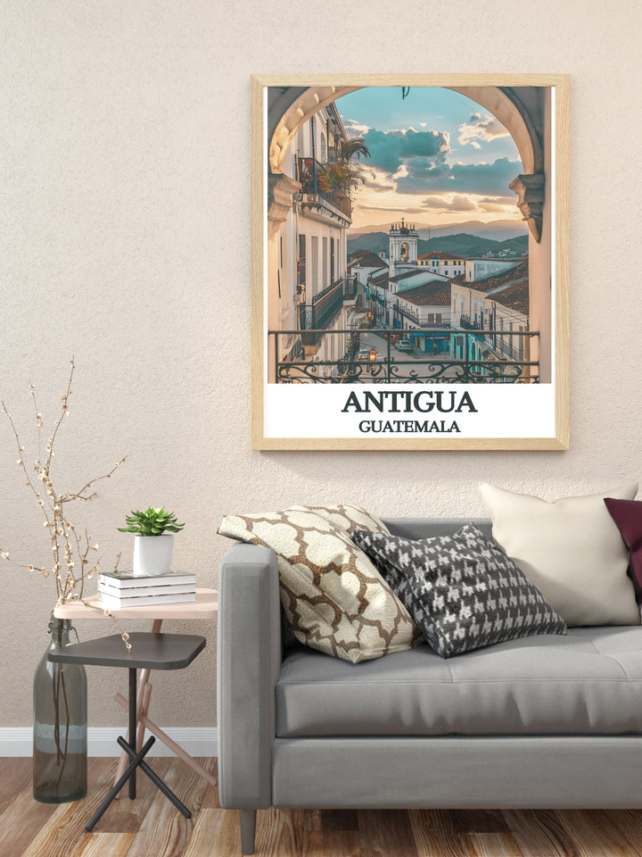 Elegant framed print of Antigua Guatemala Cathedral in a classic black and white fine line style ideal for those who love travel prints and unique wall art