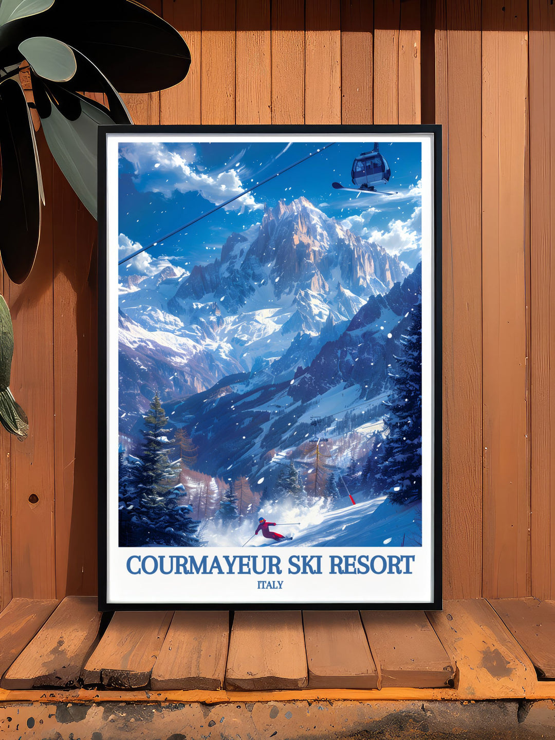 This poster showcases the picturesque slopes of Courmayeur and the grandeur of Mont Blanc, adding a unique touch of Italys historical and natural beauty to your living space.