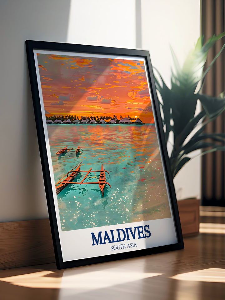 Maldives Art Print showcasing the luxurious Baglioni Resort on Maagau Island, set against the stunning backdrop of the Indian Ocean. This detailed art print is perfect for adding a touch of tropical elegance to your living space, ideal for those who appreciate fine travel art.