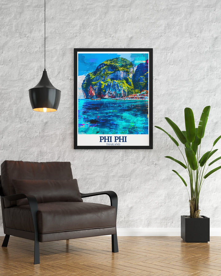 Add a touch of tropical elegance to your home with this stunning art print. The vivid hues of Tonsai Bay and the iconic cliffs of Phi Phi Leh make this poster a must have for beach lovers.