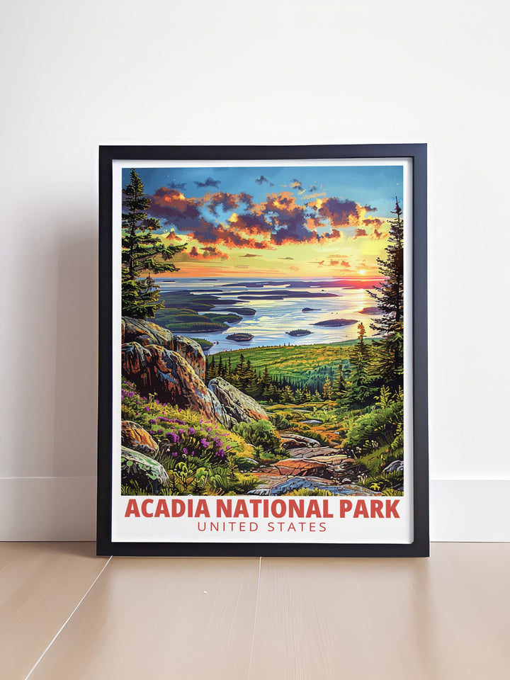 Elegant Cadillac Mountain modern prints designed to bring the beauty of Acadia National Park to your living room decor. This wall art makes a perfect gift for anyone who loves nature or the outdoors.