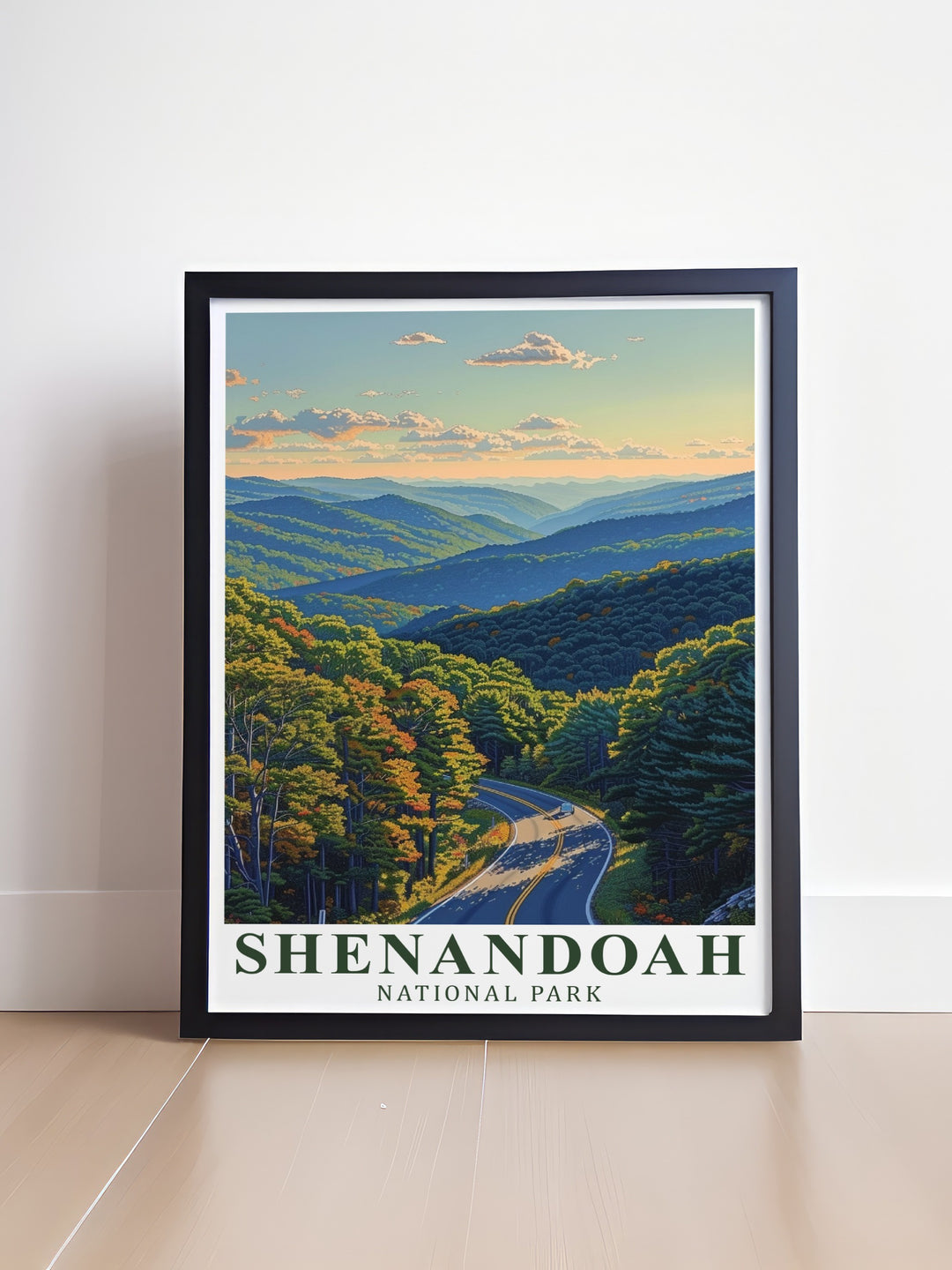 This Skyline Drive poster from Shenandoah National Park showcases the peaceful landscapes of Virginias Blue Ridge Mountains. A great gift for anyone who enjoys exploring national parks or simply admiring the beauty of nature from home.