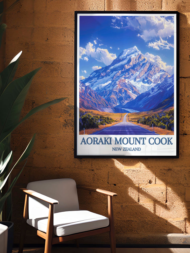 Vintage travel print of Mount Cook, blending historical charm with modern aesthetics for a unique decorative piece.