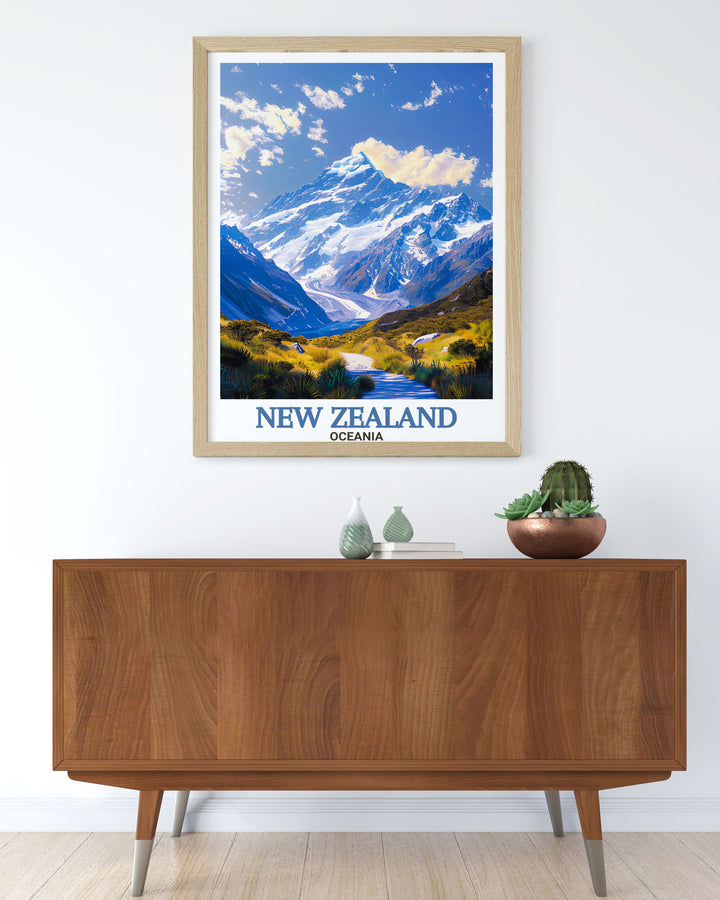 Mount Cook modern print paired with the tranquil Akaroa Lighthouse offering a perfect combination of modern art and vintage travel poster style ideal for enhancing your home decor or as a special gift for nature lovers.