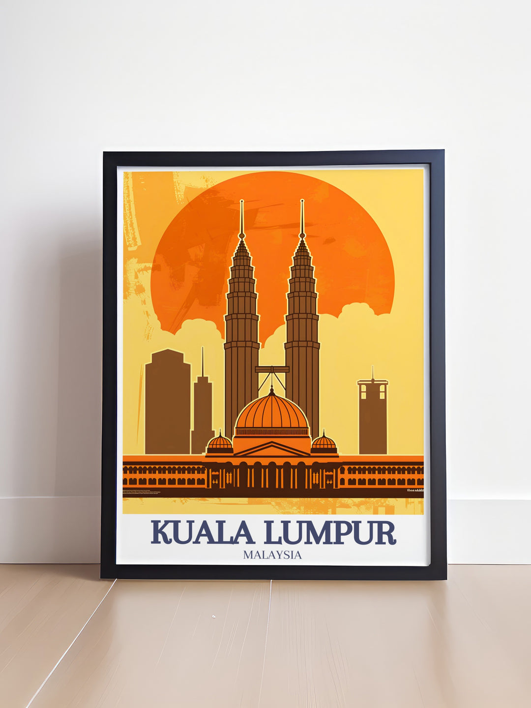 Sultan Abdul Samad Building and Petronas Twin Towers wall poster, highlighting Kuala Lumpurs architectural diversity. This travel art piece celebrates both the citys rich history and its contemporary urban landscape, ideal for lovers of global culture and design.