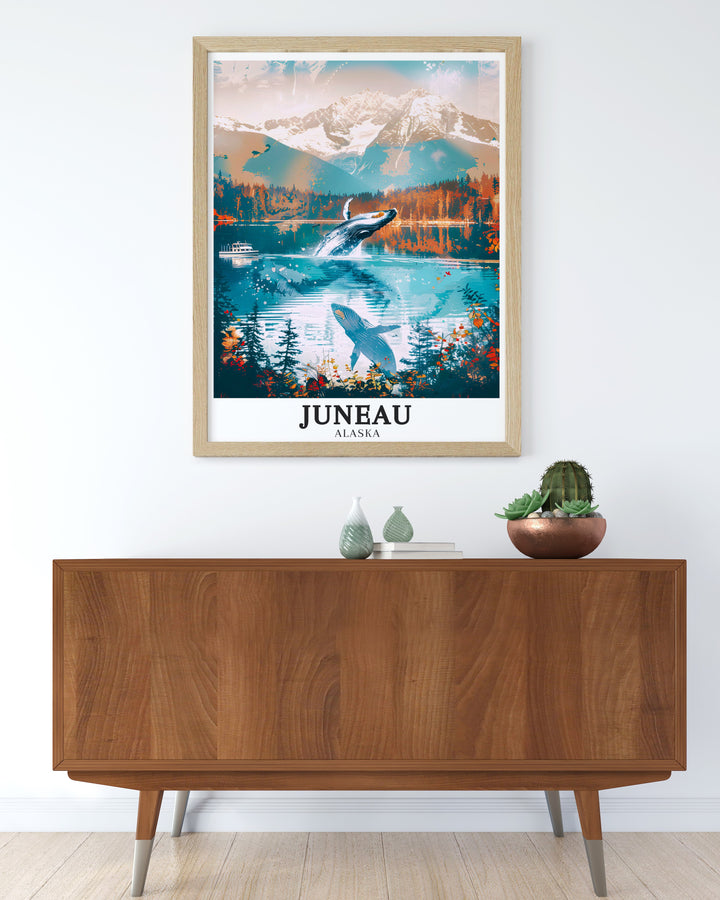 Auke Bay travel print capturing the tranquil waters of this scenic bay with the imposing Chilkat Mountains in the background. Perfect for those who love nature, adventure, and the beauty of Alaska, this print offers an escape to the wild outdoors.