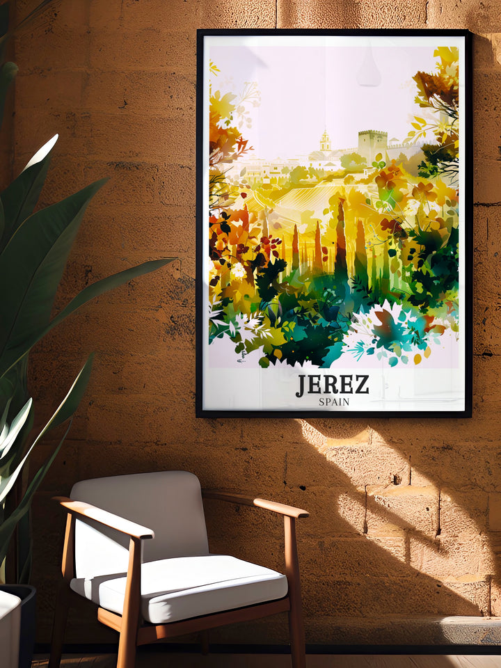 Jerez framed art capturing the vibrant energy of the Sherry Triangle. This travel poster focuses on the Alcázar de Jerez and the surrounding beauty of the city, blending history and modernity in one elegant design. Perfect for anyone looking to bring Spains charm into their space.