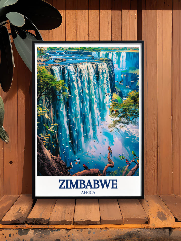 This Zimbabwe canvas art beautifully illustrates the majestic Victoria Falls and the lush Eastern Highlands. Whether youve experienced these landmarks firsthand or are drawn to their allure, this artwork adds depth and elegance to any room, offering a vibrant connection to Africas natural beauty.