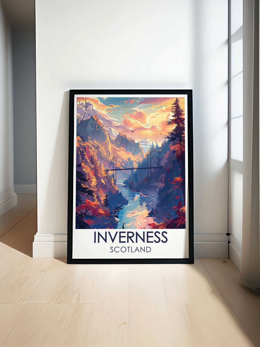 Travel poster featuring Inverness Castle with its stunning 11th century architecture, surrounded by the scenic beauty of the Scottish Highlands and the flowing River Ness.
