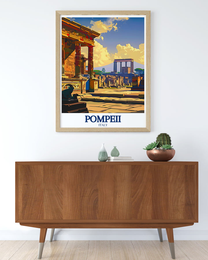 Pompeii vintage poster featuring the House of the Faun and Pompeii Forum, highlighting the beauty and history of this ancient city. This custom print adds a timeless touch to your wall décor, perfect for anyone who loves history and classical art.