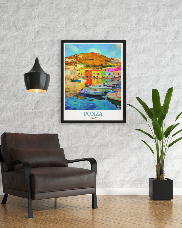 Ponza Harbor, located on Italys picturesque island of Ponza, is depicted in this elegant print. The artwork showcases the harbors colorful boats and charming waterfront, making it a perfect choice for those who want to bring a piece of Italys coastal beauty into their home.